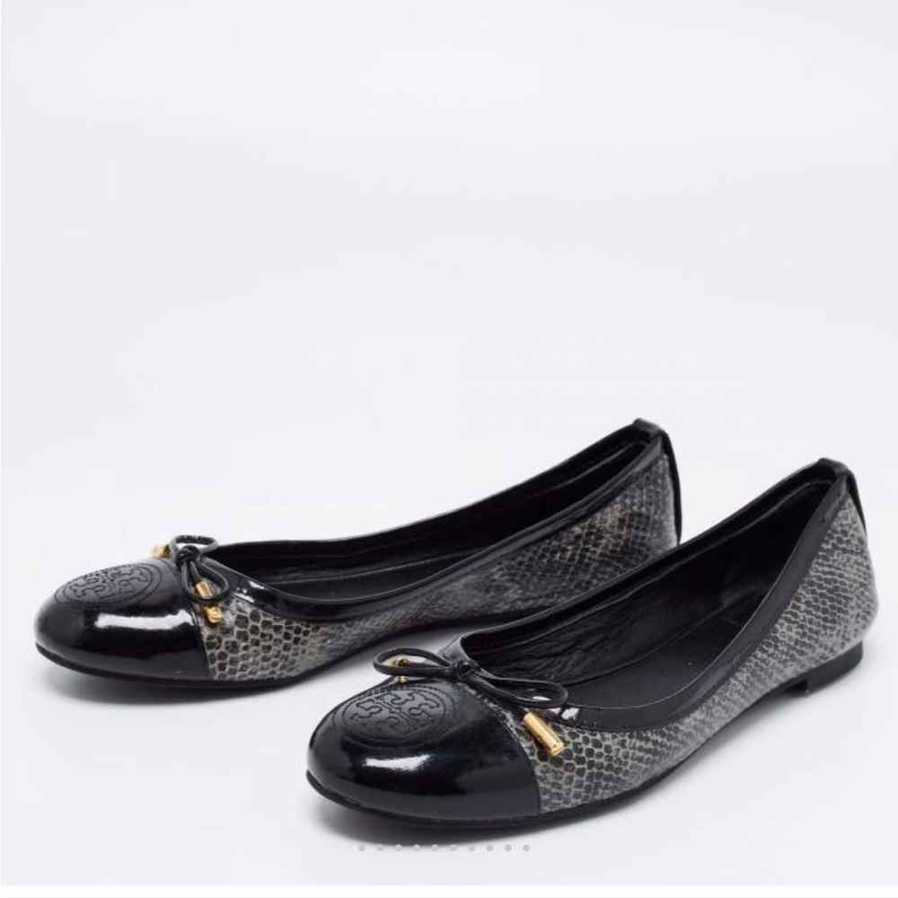 Tory Burch Black/Grey Patent Leather & Embossed Snakeskin Verbena Ballet…
